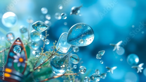 Macro close-up of transparent water drops and abstract bubbles creating a wet, dewy texture on blue glass with surfboard shaped keychain with floral flower motif design