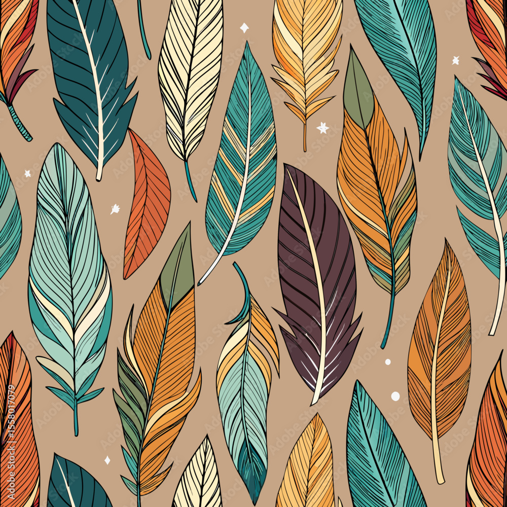 Fototapeta premium Vibrant Vector Feather Pattern A Seamless Design of Colorful Bird Feathers for Textile, Fashion, and Decor