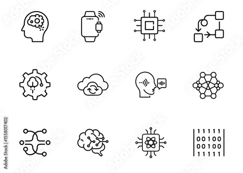 Collection of modern line icons showcasing artificial intelligence, neural networks, cloud computing, and high technology for future concepts.