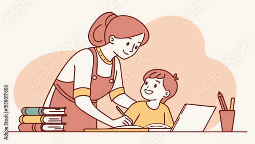 Mother helping child with homework. Home education and learning support for kids. Boy studying with woman.