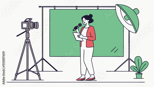 Female Journalist in Studio with Green Screen and Camera for News Broadcast or Content Creation