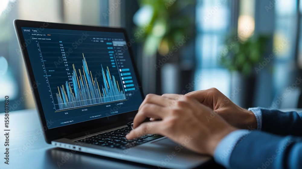 Analyzing Financial Data: Businessman Working with Charts on Laptop Screen Analyzing Financial Data: Businessman Working with Charts on Laptop Screen