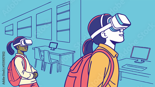 Students in VR headsets in a classroom, experiencing immersive virtual reality learning. Educational technology concept.