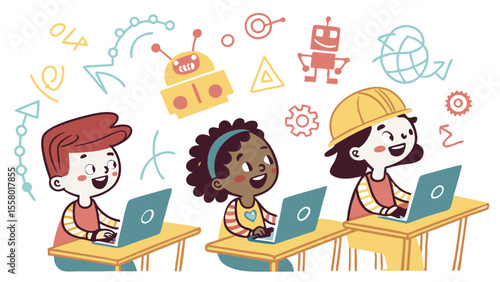 Happy diverse kids learning technology and coding on laptops, surrounded by STEM and robotic illustrations.