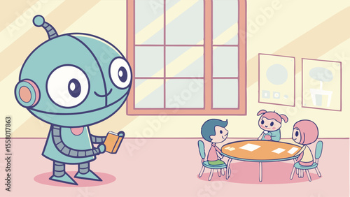 Friendly robot assistant with children in classroom, symbolizing future education, technology, and learning support