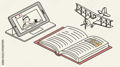 Exploring Aviation History: Tablet, Book, and Biplane Model for Learning