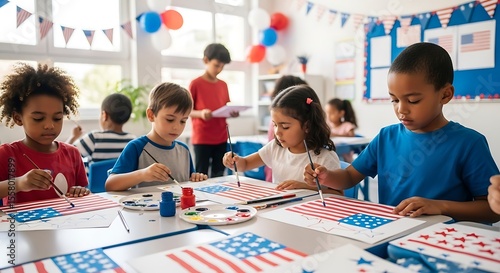 Diverse Children Painting American Flags in Bright Classroom