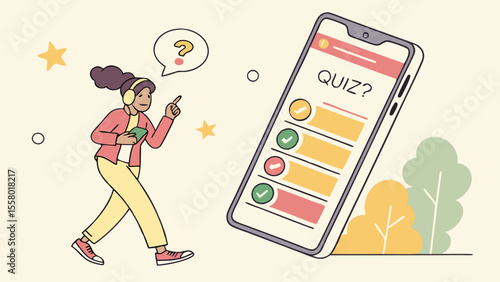 Woman taking online quiz on smartphone, illustrating mobile learning, digital education, and interactive knowledge testing.