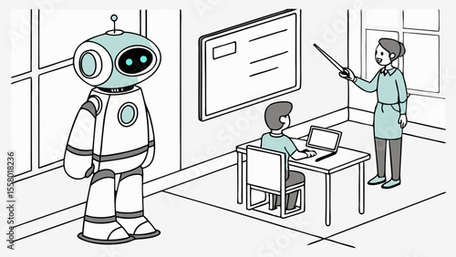 AI Robot and Teacher Collaborating in a Modern Classroom Setting with Student and Laptop