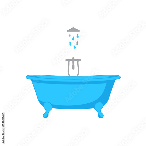 Blue clawfoot bathtub with shower and falling water drops isolated on white background