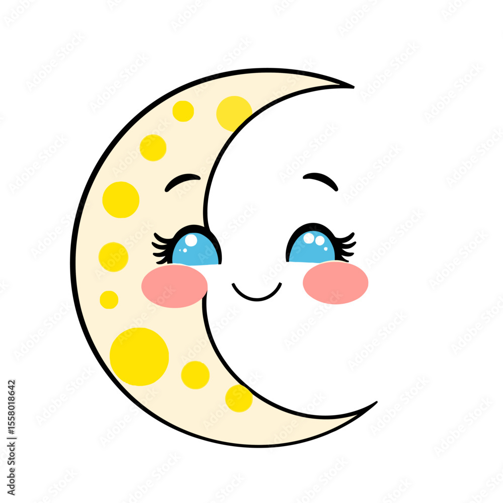 Obraz premium Cute cartoon crescent moon character with a happy face isolated on white background