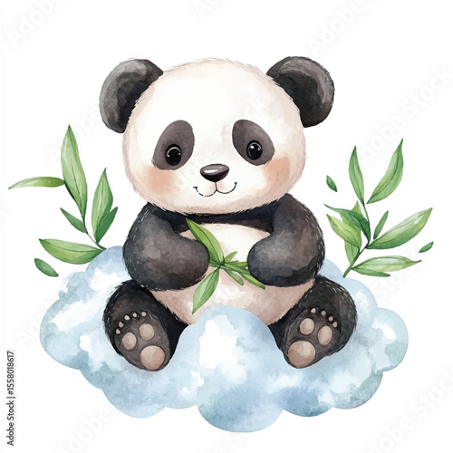Adorable Watercolor Panda Bear on a Cloud Holding Bamboo Smiling Gently