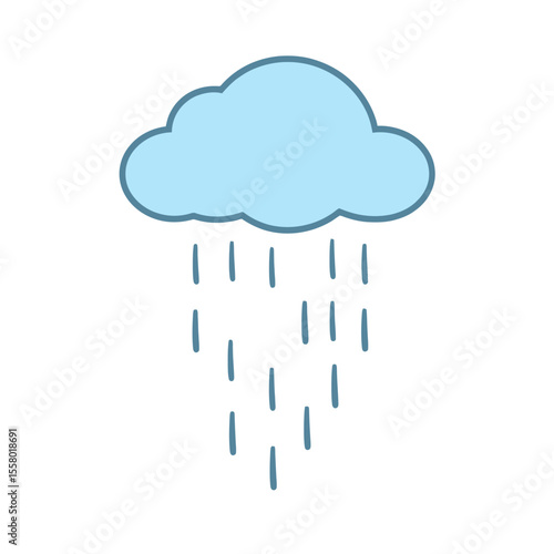 Simple cartoon illustration of a blue rain cloud with falling raindrops isolated on white background