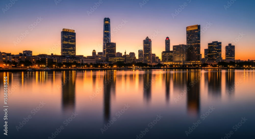 Obraz premium City skyline at sunset reflecting in calm water with warm glowing lights.