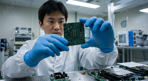 Engineer inspects electronic circuit board in cleanroom laboratory.