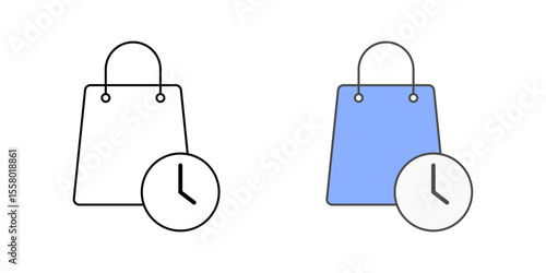 Delayed payment icon with shopping bag and clock, in outline and color styles, ideal for illustrating BNPL purchase delays, deferred payment options, and postponed checkout processes.