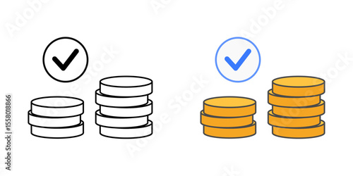 Deferred payment approval icon with checkmark and coins, in outline and color styles, ideal for illustrating approved BNPL transactions, postponed payment confirmation, and installment financing