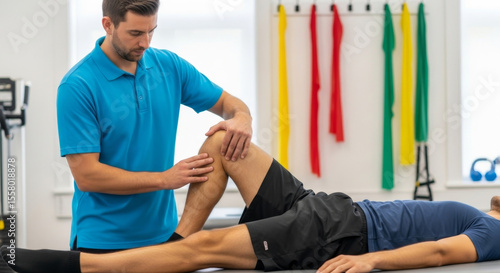 Physiotherapist examining a patient's knee during rehabilitation.