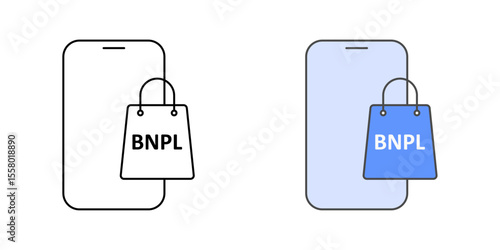Mobile with BNPL badge icon in outline and color styles, ideal for illustrating mobile BNPL apps, smartphone payment options, and buy now pay later accessibility on mobile devices.