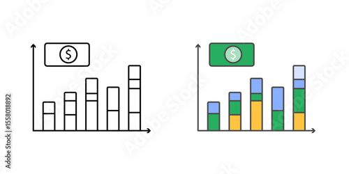 Installment schedule icon with segmented bars and money symbol, in outline and color styles, ideal for illustrating BNPL payment plans, installment breakdowns, and financial repayment schedules.