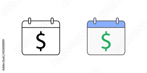 Payment calendar icon with calendar and dollar sign, in outline and color styles, ideal for illustrating payment schedules, BNPL due dates, and financial installment planning.