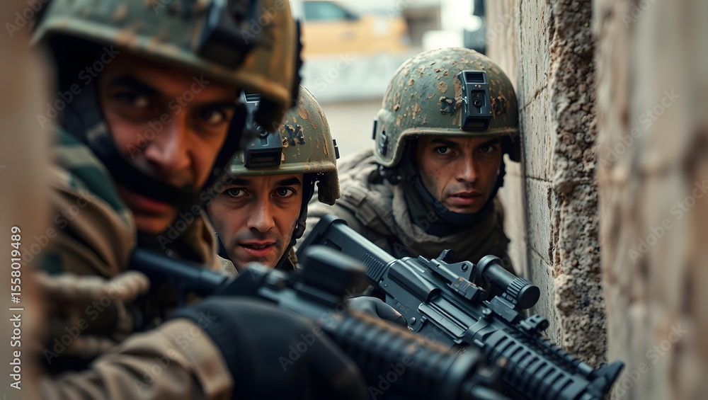 Fototapeta premium Soldiers in Combat A Gritty Look at Urban Warfare