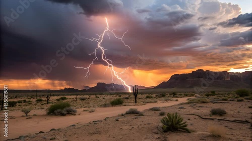Lightning Strike Desert Storm Sunset Dramatic Cloudy Horizon