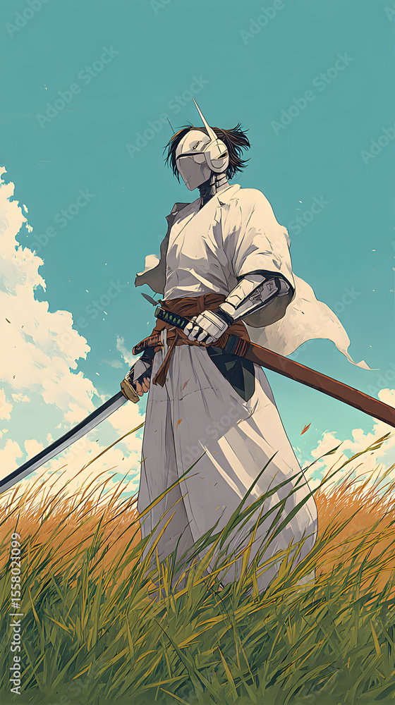 Fototapeta premium A cyborg samurai, wearing a white kimono and helmet, stands in tall grass, holding a katana. The sky is light blue with clouds.