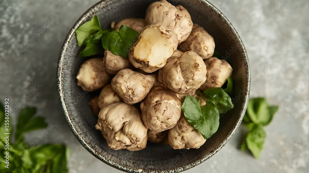 Fototapeta premium Bowl of fresh white truffles with green leaves on a gray mottled surface