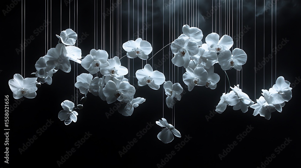 custom made wallpaper toronto digitalElegant white orchids and roses suspended midair with invisible threads, black void background, dramatic spotlight from below, avant-garde concept. Created Using: prime lens, experimental lighting,