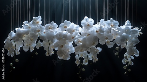 Elegant white orchids and roses suspended midair with invisible threads, black void background, dramatic spotlight from below, avant-garde concept. Created Using: prime lens, experimental lighting,