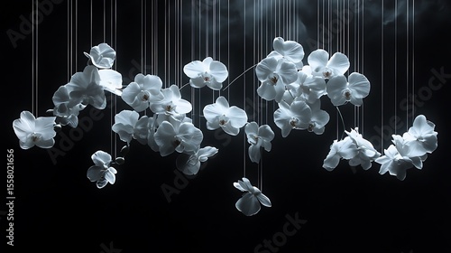 Wallpaper Mural Elegant white orchids and roses suspended midair with invisible threads, black void background, dramatic spotlight from below, avant-garde concept. Created Using: prime lens, experimental lighting, Torontodigital.ca