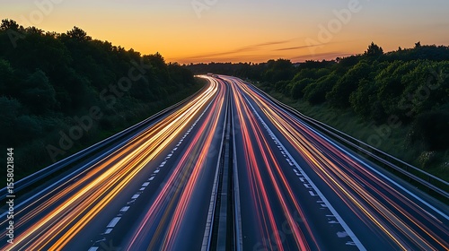 Evening highway light trails under a warm sky create a modern motion blur landscape