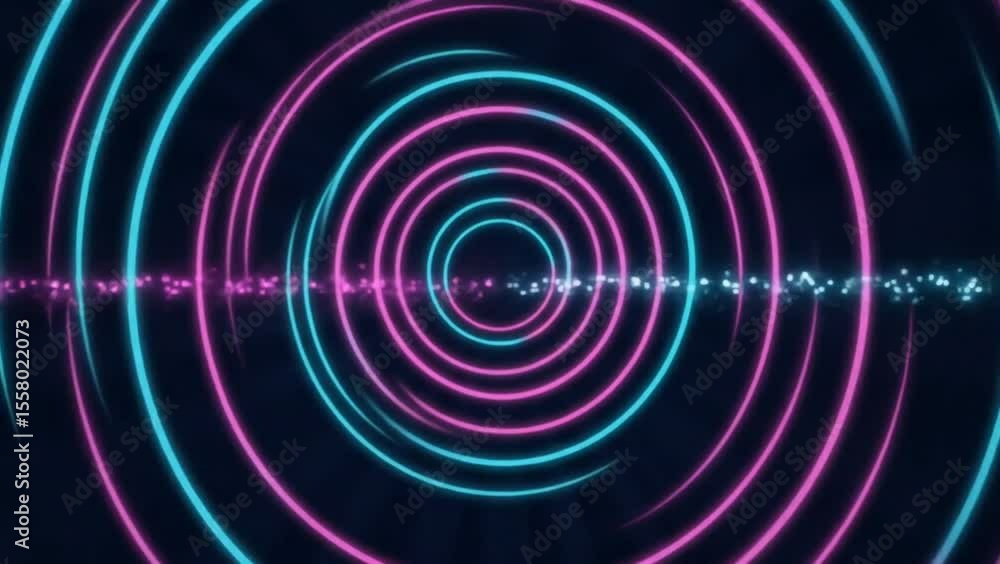 Concentric neon rings in blue and pink radiating from center with glowing horizontal wave line on dark background in digital audio style. Technology concept
Concentric neon rings in blue and pink radiating from center with glowing horizontal wave line on dark background in digital audio style. Technology concept