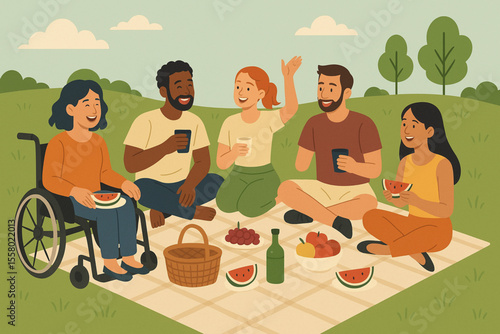 Diverse Friends Group with Wheelchair User and Amputee Man Enjoying Outdoor Picnic Illustration
