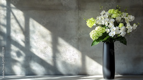 Green hydrangeas and white orchids in a tall black vase, set against a raw concrete wall, sharp side lighting, minimalist modern apartment, sleek and sophisticated vibe. Created Using: DSLR,