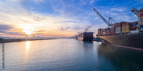 Cargo ships docked at the Port of Oakland, California, USA, are being loaded with shipping containers for global distribution at sunrise.