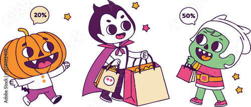 Halloween Shopping Spree: Three adorable cartoon characters—a pumpkin, a vampire, and a zombie—enjoy a festive Halloween shopping spree, each carrying shopping bags with discount tags.