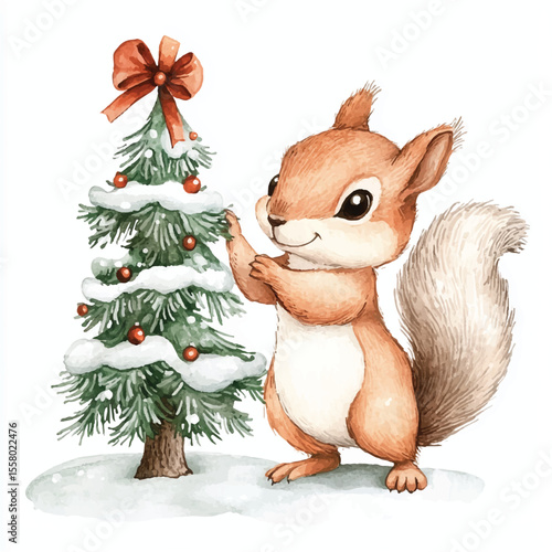 Adorable Watercolor Squirrel Decorating a Snowy Christmas Tree with Red Ornaments