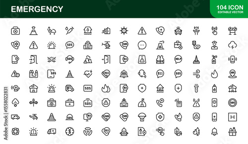 Emergency, modern line icon set with professional and simple symbols for crisis, alert, first aid, and disaster-related services in clean vector style.