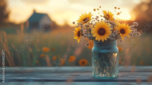 Wallpaper Mural Mason jar with wildflowers and sunflowers on a rustic outdoor table, farmhouse in the distance, soft golden hour glow, relaxed countryside atmosphere. Created Using: prime lens, golden hour lighting, Torontodigital.ca