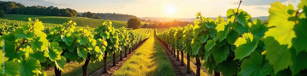 Naklejka premium Sun-Drenched Vineyard Lush Grapevines Heavy with Ripe Grapes in Autumn