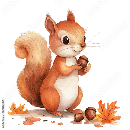 Adorable Watercolor Squirrel Holding Acorn with Autumn Leaves and Nuts