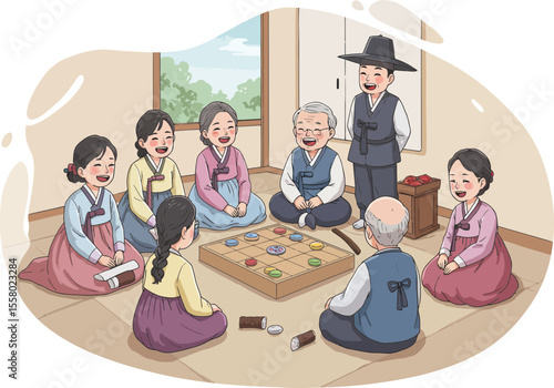 Family Playing Yut Nori Traditional Game during Seollal
