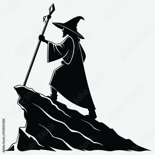 A wizard holding a staff on a mountain image silhouette design vector art and illustration