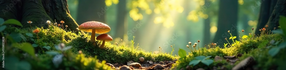 Fototapeta premium Sunlit Mossy Forest Floor with Mushrooms and Wildflowers A Tranquil Woodland Scene Perfect for Fantasy and Fairytale Themes