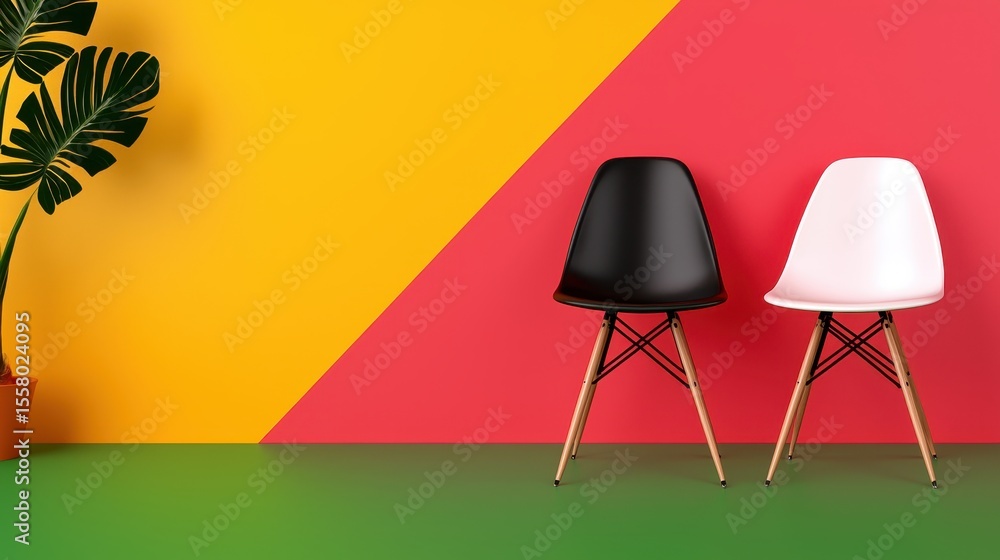 Fototapeta premium Black and White Chairs Against Vibrant Yellow and Red Geometric Background