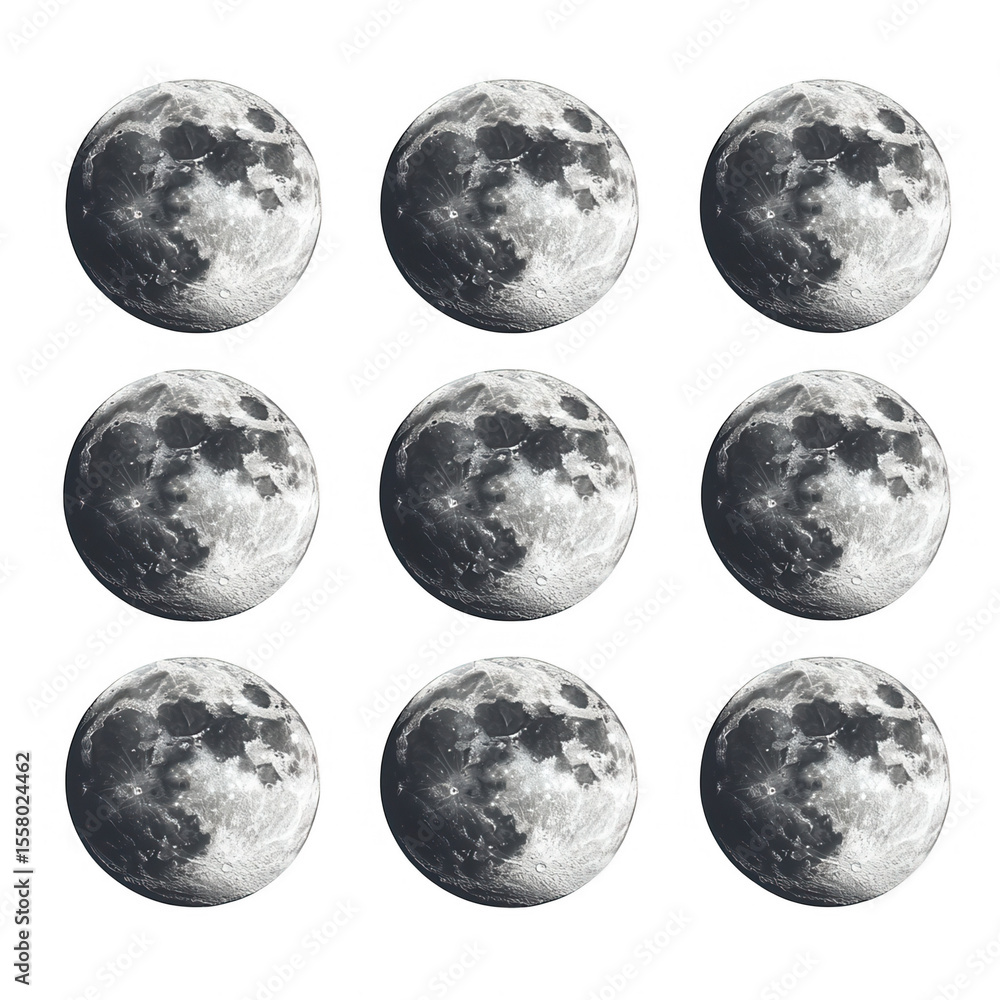 Naklejka premium Nine detailed realistic full moon celestial bodies with visible craters and maria arranged in a grid pattern isolated on transparent background