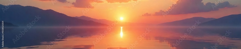 Fototapeta premium Golden Hour Sunrise Over Tranquil Water A Serene Reflection of Peace and New Beginnings
