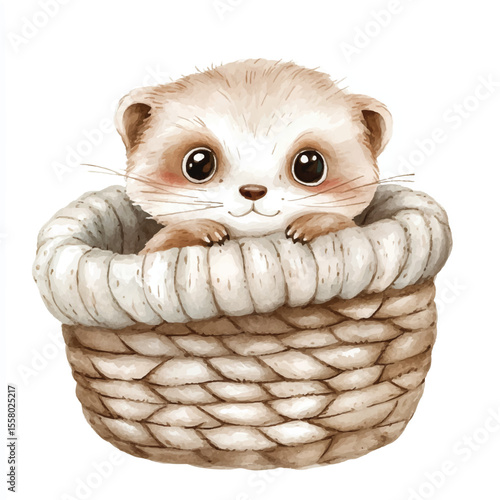 Adorable Weasel in a Cozy Woven Basket
